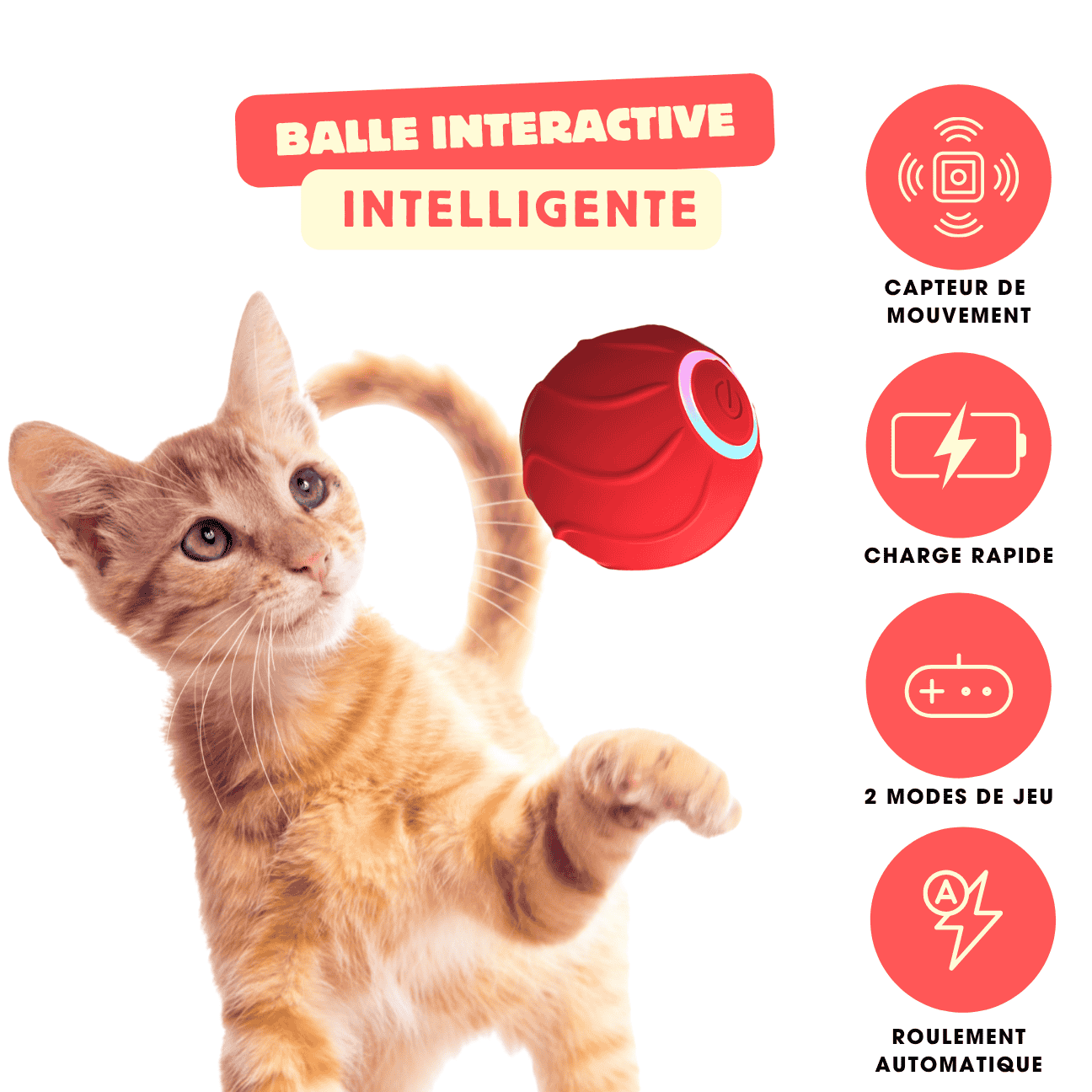 Balle interactive automatique LED pour chat CatBounce – Jeu actif & stimulant contre l'ennui - CATILEM