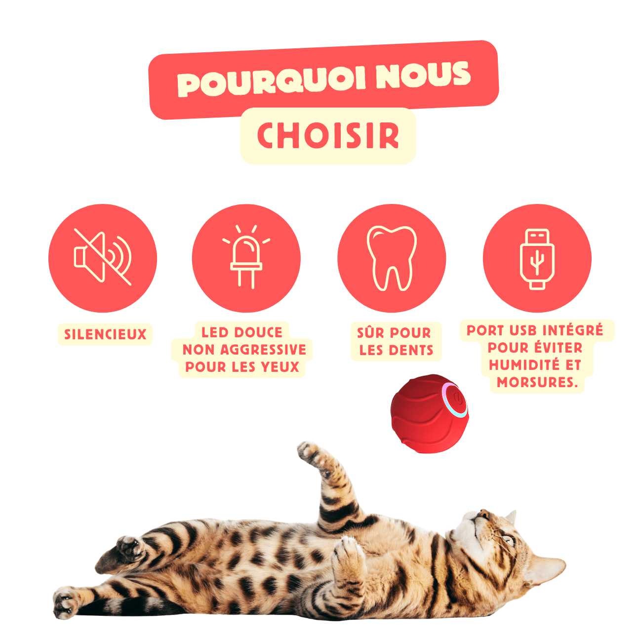 Balle interactive automatique LED pour chat CatBounce – Jeu actif & stimulant contre l'ennui - CATILEM